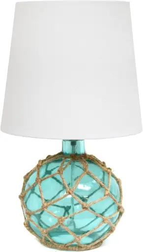 [All the Rages Inc LT1050-AQU Elegant Designs Buoy Rope Nautical Netted Coastal Ocean Sea Glass Table Lamp with White Fabric Shade, Aqua] Lámpara De Mesa All The Rages Inc Lt1050-Aqu Con Diseño Elegante De Cuerda De Boya, Con Red Náutica, De Vidrio Marino Costero Con Pantalla De Tela Blanca, Color Aguamarina | 810241028257 TRG189359940