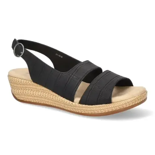 [Easy Street Womens Gannett Wedge Sandals - BLACK CROCO 9 WIDE] Sandalias De Cuña Gannett Para Mujer Easy Street - Negro Cocodrilo 9 Ancho | 196371491308 TRG187799212
