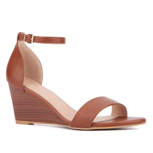 [New York & Company Womens Sharona Wedge Sandals - Cognac Smooth BROWN 6 1/2 MEDIUM] Sandalias De Cuña Sharona Para Mujer De New York & Company - Coñac Liso Marrón 6 1/2 Mediano | 193871674477 TRG188376984