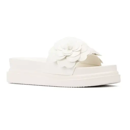 [New York & Company Womens Camilia Flower Slide Flat Sandals - WHITE 6 1/2 MEDIUM] Sandalias Planas Camilia Flower Slide De New York & Company Para Mujer - Blanco 6 1/2 Mediano | 193871549232 TRG188376962