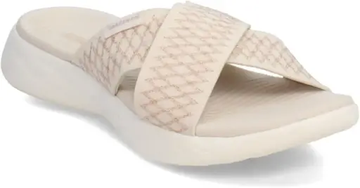 [Skechers Womens On-The-Go 600 Metallic Gore Crossband Slide Sandals - NATURAL 10 MEDIUM] Sandalias Skechers On-The-Go 600 Metallic Gore Con Banda Cruzada Para Mujer - Natural 10 Mediano | 197627102153 TRG187860219